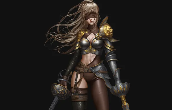 Girl, pose, weapons, background, hair, art, headband, armor