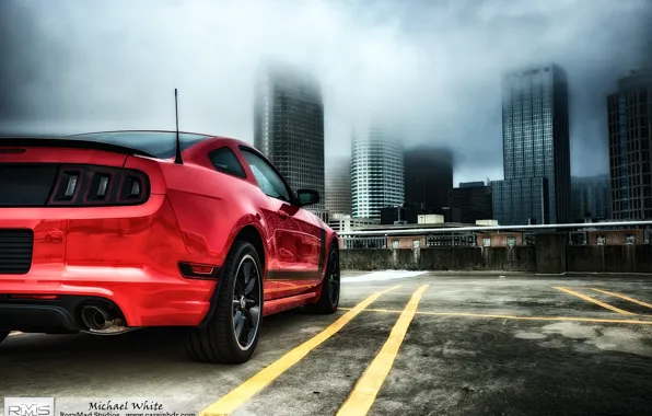Picture red, fog, ass, HDR, skyscrapers, mustang, Mustang, excerpt