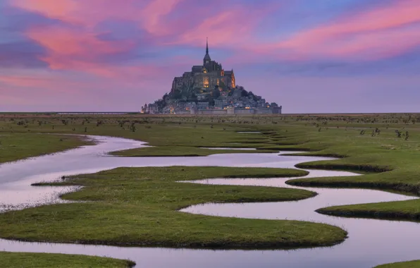 Water, landscape, dawn, coast, France, island, morning, fortress