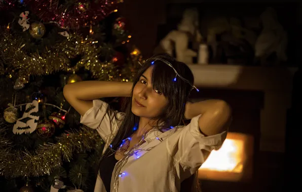 Picture lights, girl, beautiful, look, pose, Christmas tree, Kide Fotoart