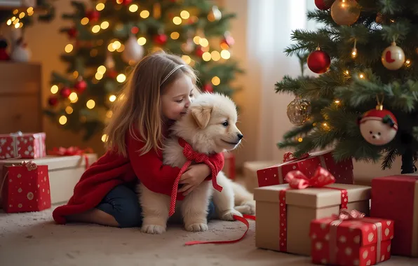 Room, interior, dog, Christmas, girl, gifts, puppy, New year