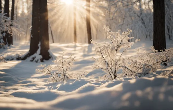 Winter, frost, forest, the sun, rays, light, snow, trees