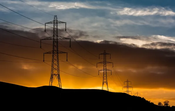 The sky, sunset, power lines