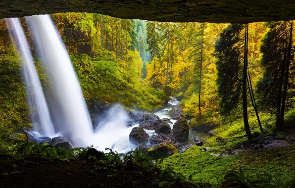 Autumn, forest, stones, waterfall, stream, cave