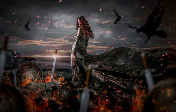 Girl, birds, clouds, fire, war, Apocalypse, sword, dress