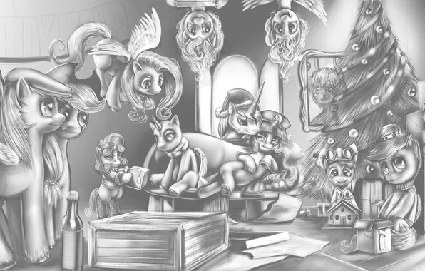Picture cartoon, new year, black and white, art, gifts, pony, tree, My Little Pony