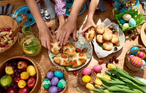 Flowers, cherry, berries, table, holiday, apples, food, eggs