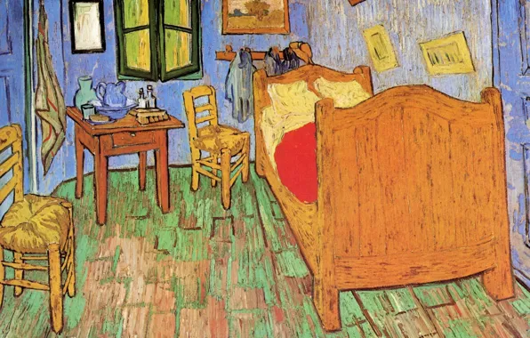 Bed, chairs, window, pictures, Vincent van Gogh, The Bedroom, .