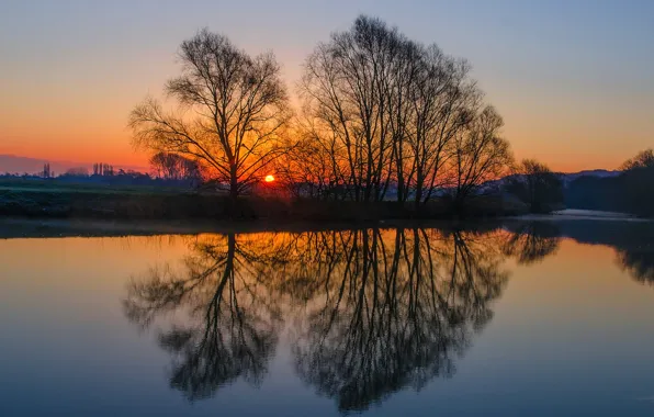 The sky, water, the sun, trees, sunset, surface, reflection, river