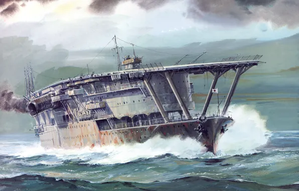 Picture sea, wave, figure, art, the carrier, WW2, The Navy of Japan, IJF