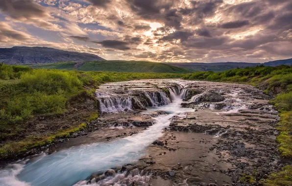 Picture the sky, grass, clouds, sunset, mountains, river, hills, waterfall