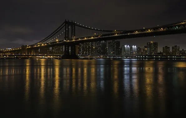 Night, bridge, lights, New York, Manhattan