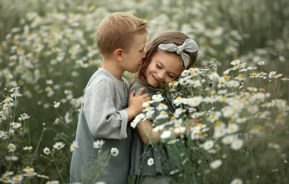 Field, summer, flowers, nature, children, romance, chamomile, boy