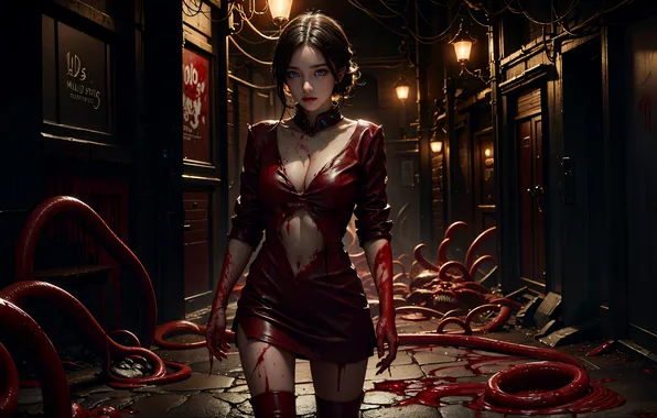 Girl, night, street, blood, the demon, lights