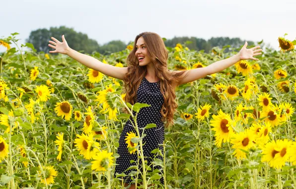 Picture girl, joy, sunflowers, flowers, smile, positive, hands, beautiful