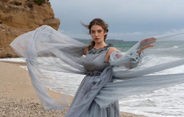 Picture sea, look, girl, rock, shore, dress, brown hair