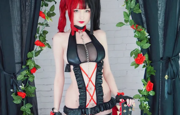 Girl, sexy, cleavage, thighhighs, red hair, long hair, dress, boobs