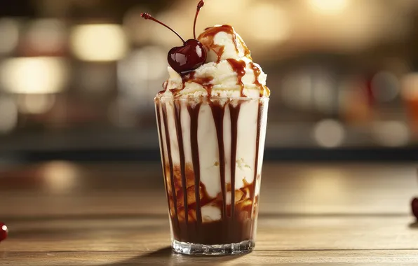 Cherry, berry, ice cream, cream, dessert, whipped cream, chocolate syrup, AI art