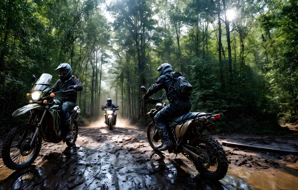 Road, forest, sport, Moto, dirt, puddles