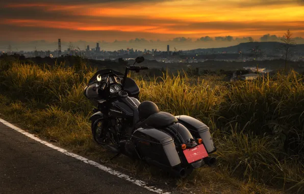Road, sunset, motorcycle