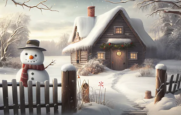 Winter, snow, house, hut, Christmas, New year, house, snowman