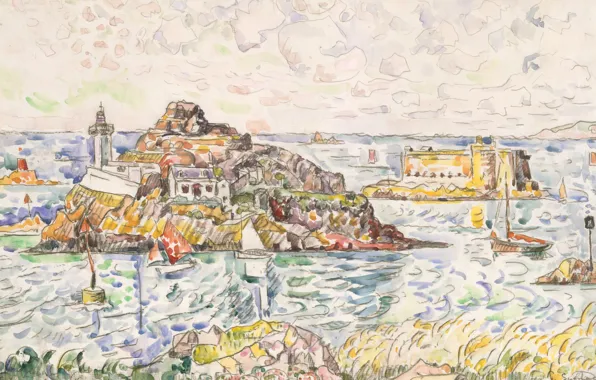 Rock, boat, figure, mountain, watercolor, Fort, Paul Signac, Morlaix. The entrance to the River