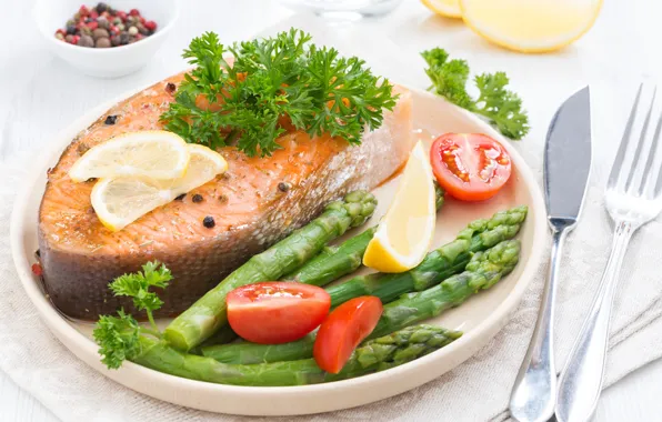 Fish, vegetables, salmon, asparagus
