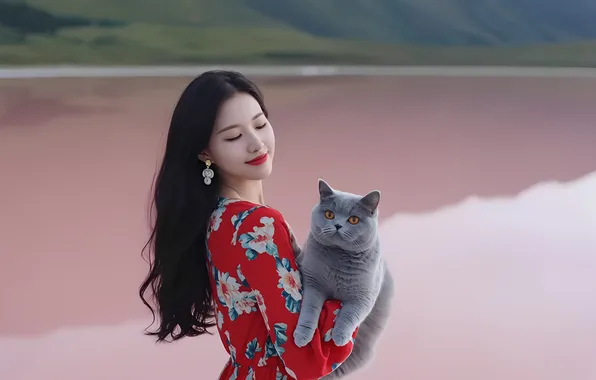 Cat, girl, earrings, Asian, long hair, Korean, grey cat