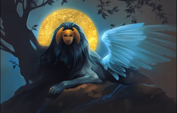 Night, wings, mask, art, myth, Sphinx, sphinx