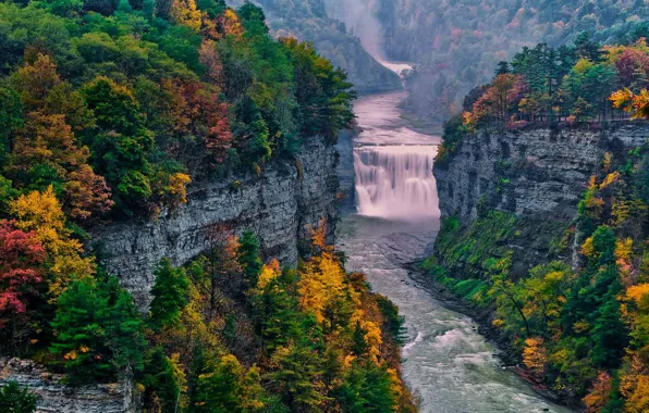 Picture autumn, forest, river, rocks, waterfall, USA, State Park Letchworth