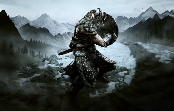 Picture snow, sword, warrior, shield, the elder scrolls, Skyrim