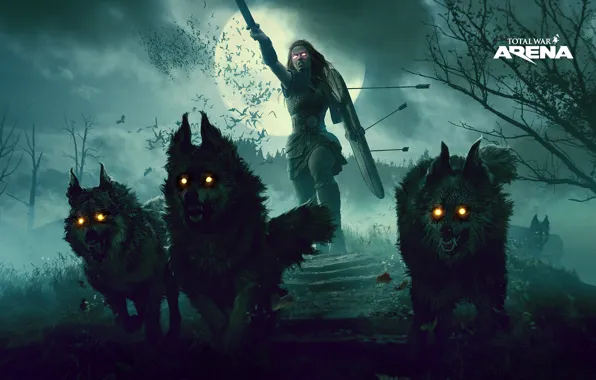 Picture dark, moon, sword, wolf, total war, wolves, shield, arrows