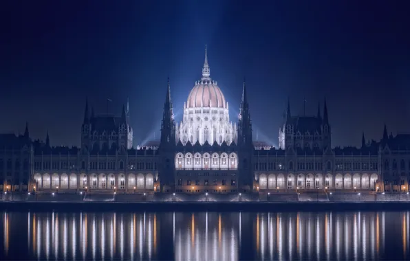 Picture night, lights, reflection, river, the building, backlight, promenade, Parliament, Hungary, Budapest, The Danube