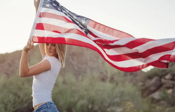 Picture girl, flag, blonde, USA, America