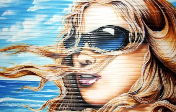 Girl, the city, wall, graffiti, glasses