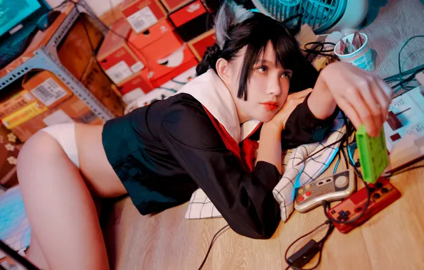 Beautiful, Asian, Model, Woman, Lying Down, Laying, Pretty, Boxes