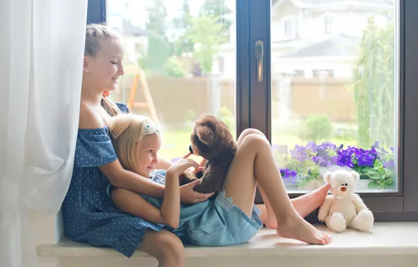 Joy, children, girls, toy, window, bear