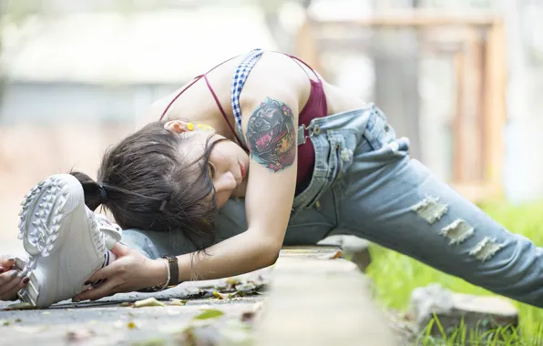 Girl, face, pose, body, tattoo, charging