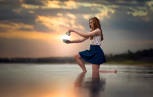 Girl, sunset, skirt, legs, in the water