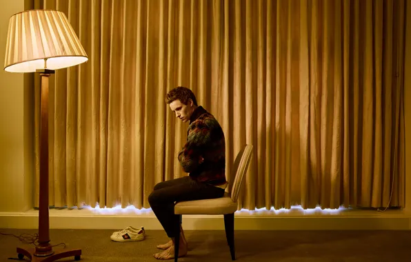 Light, lamp, barefoot, actor, curtains, sitting, floor lamp, sneakers