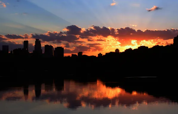 Water, clouds, rays, trees, sunset, the city, reflection, shadow