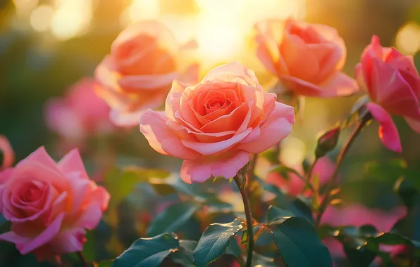Summer, leaves, the sun, rays, light, flowers, stems, roses