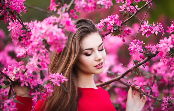 Picture trees, flowers, branches, nature, pose, portrait, spring, makeup