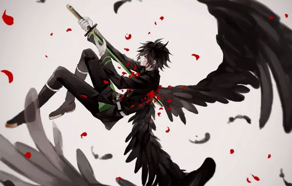 Wings, angel, sword, anime, art, Owari no Seraph, the last Seraphim, Yuichiro