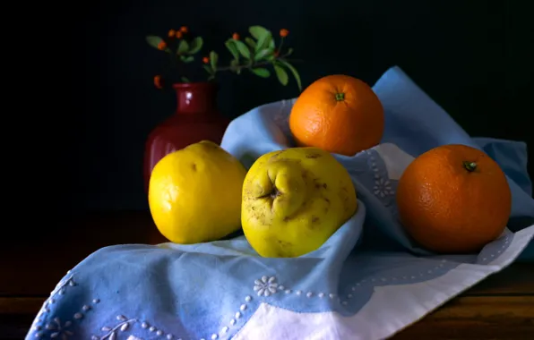 Branches, the dark background, table, Board, towel, oranges, fruit, fabric