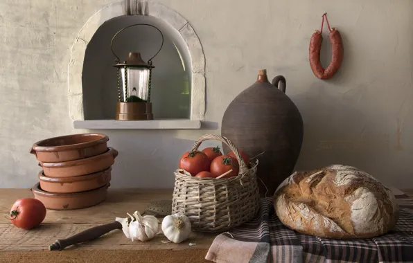Bread, lantern, pitcher, still life, basket, tomatoes, sausage, garlic