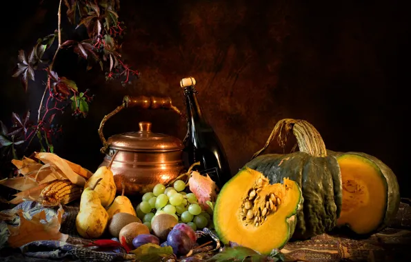 The dark background, wine, bottle, food, kettle, grapes, pumpkin, fruit