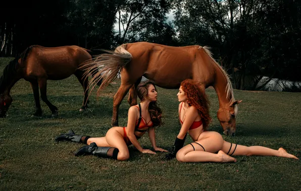 Trees, nature, girls, two, boots, horse, gloves, model