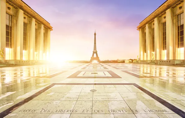 The city, dawn, France, Paris, building, morning, area, Eiffel tower