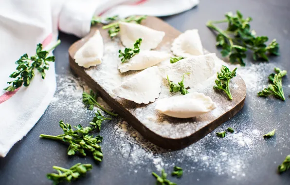 Greens, table, food, towel, parsley, flour, dumplings, cutting Board